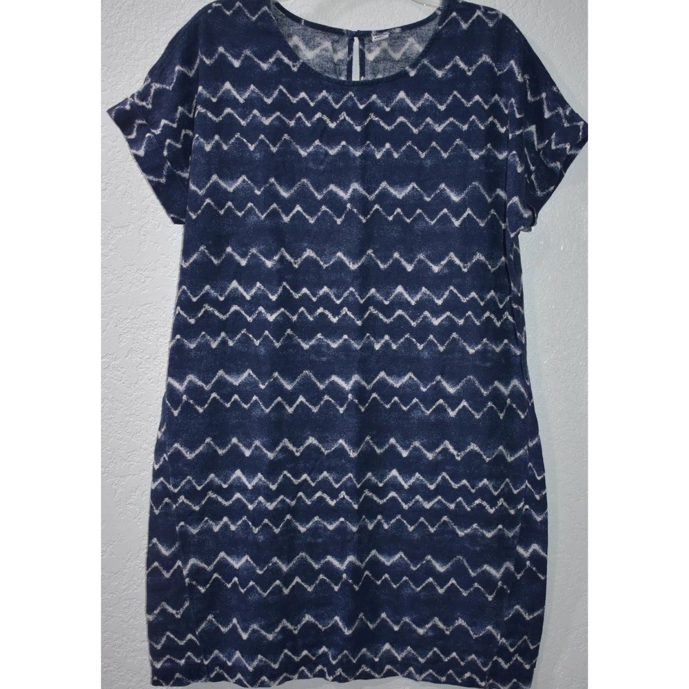 Old Navy T-Shirt Dress‎ Large Linen Blend Aztec Blue Print Short Sleeve Coastal